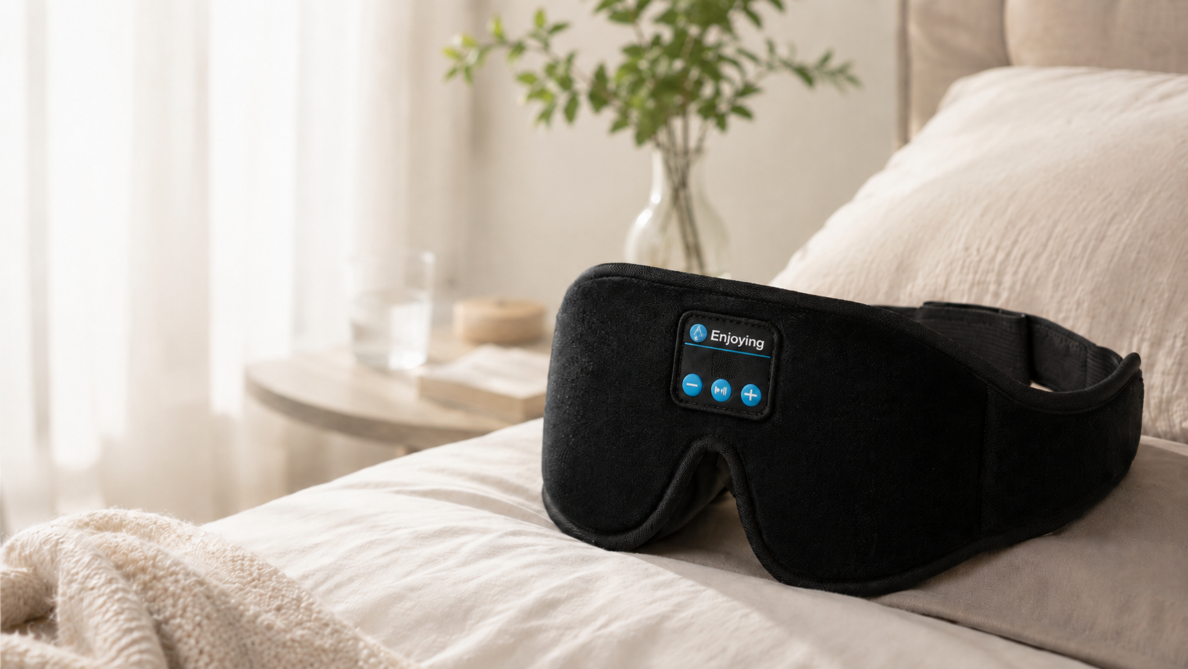 Antifaz Bluetooth 3 en 1 sobre una cama