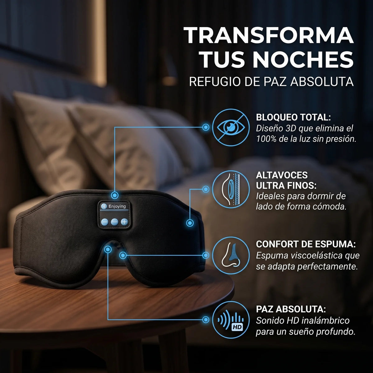 Transforma tus noches: bloqueo total, altavoces ultra finos, confort y paz