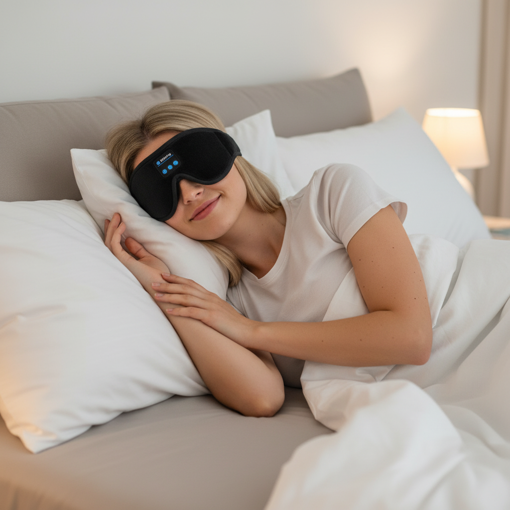 Mujer durmiendo con el antifaz Bluetooth